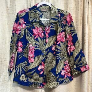 Chico's Blue Green Pink Floral Button Up Shirt 100% Linen Women's Size 1 Medium!